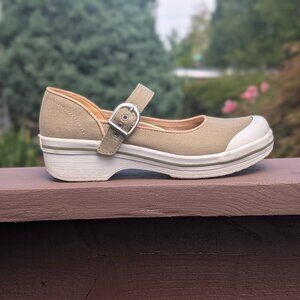 Dansko Women's Valerie Mary Jane Sand Tan Canvas Shoes Vegan White Soles - 37